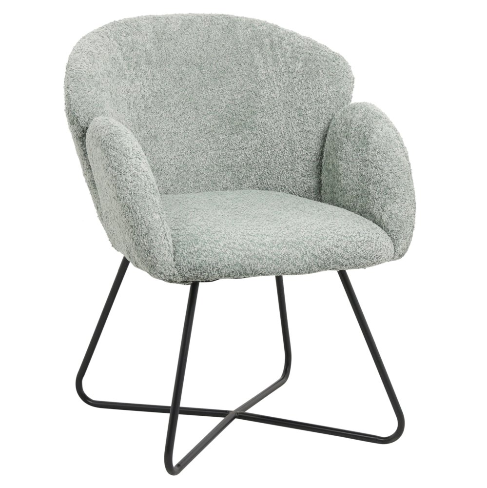 SESSEL IN PISTAZIEN GRÜN BOUCLE -SCHWARZES METALL.BEINE KREUZ 82x62x72Hm