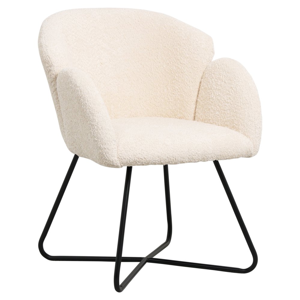 SESSEL IN EKRU BOUCLE -SCHWARZES METALL.BEINE KREUZ 82x62x72Hm