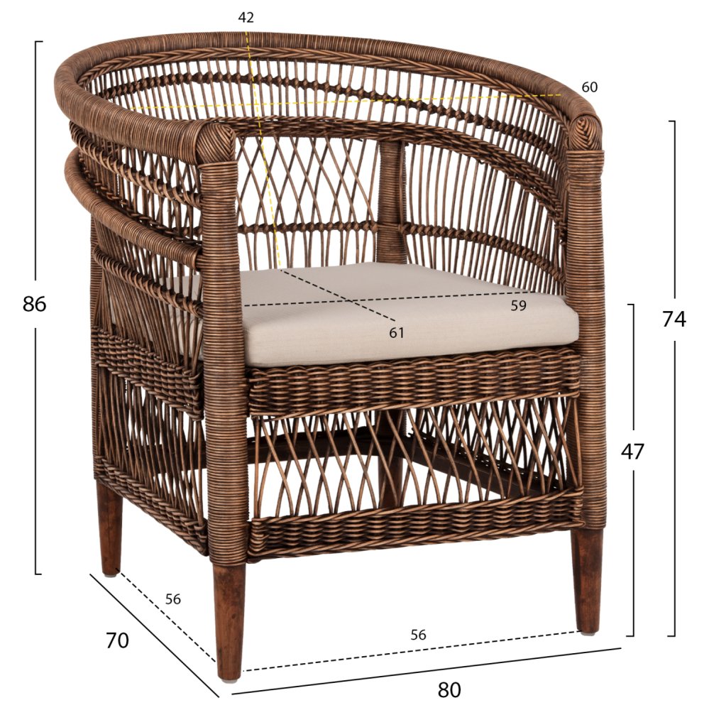 ARMCHAIR MALAWI MAHOGANY WOOD WITH RATTAN IN BROWN WITH WHITE CUSHION 80x70x86Hcm