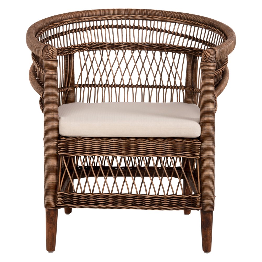 ARMCHAIR MALAWI MAHOGANY WOOD WITH RATTAN IN BROWN WITH WHITE CUSHION 80x70x86Hcm