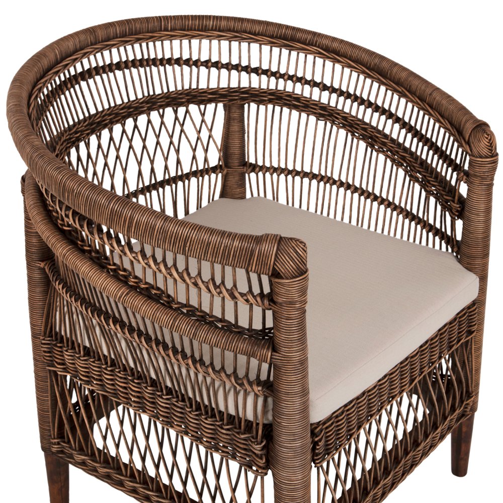 ARMCHAIR MALAWI MAHOGANY WOOD WITH RATTAN IN BROWN WITH WHITE CUSHION 80x70x86Hcm