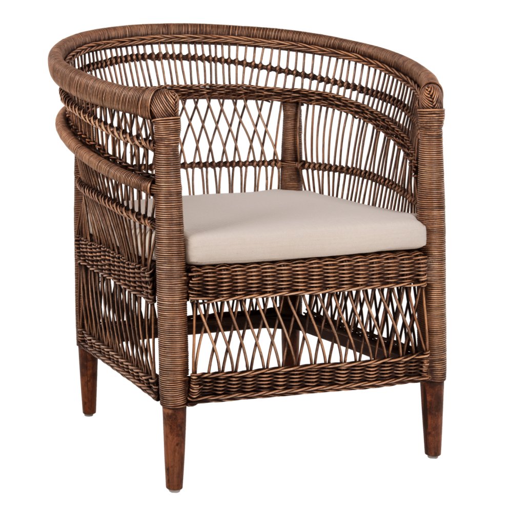 ARMCHAIR MALAWI MAHOGANY WOOD WITH RATTAN IN BROWN WITH WHITE CUSHION 80x70x86Hcm