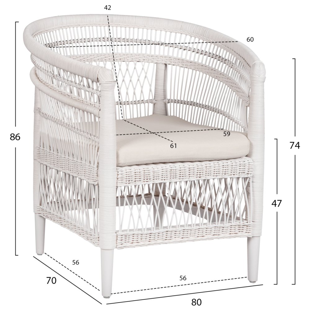 ARMCHAIR MALAWI MAHOGANY WOOD WITH RATTAN IN WHITE WITH WHITE CUSHION 80x70x86Hcm
