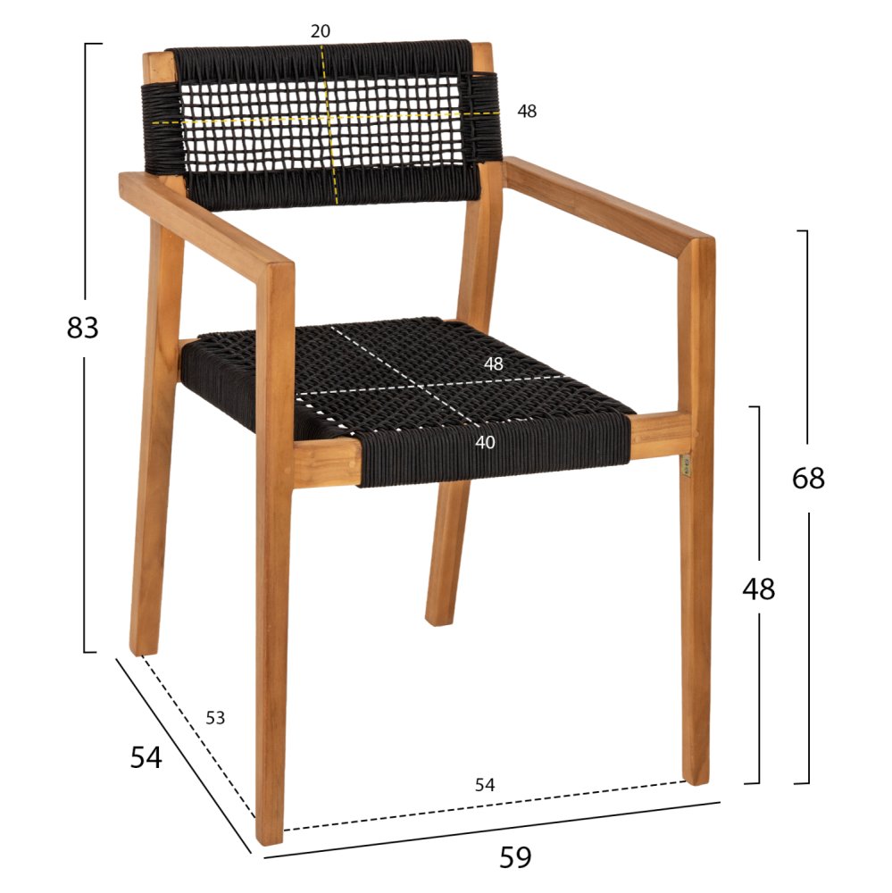 ARMCHAIR CHARLOTTE TEAK WOOD IN NATURAL & BLACK ROPE 59x54x83Hcm