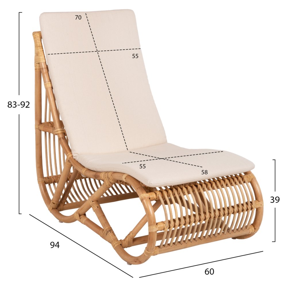 SESSEL CARL RATTAN IN NATURFARBE-WEIßES KISSEN 60x94x83-92Hcm