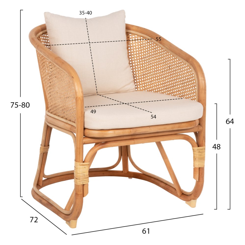 SESSEL NIKO RATTAN IN NATURPOLIERTER FARBE-WEIßE KISSEN 61x72x75-80Hcm