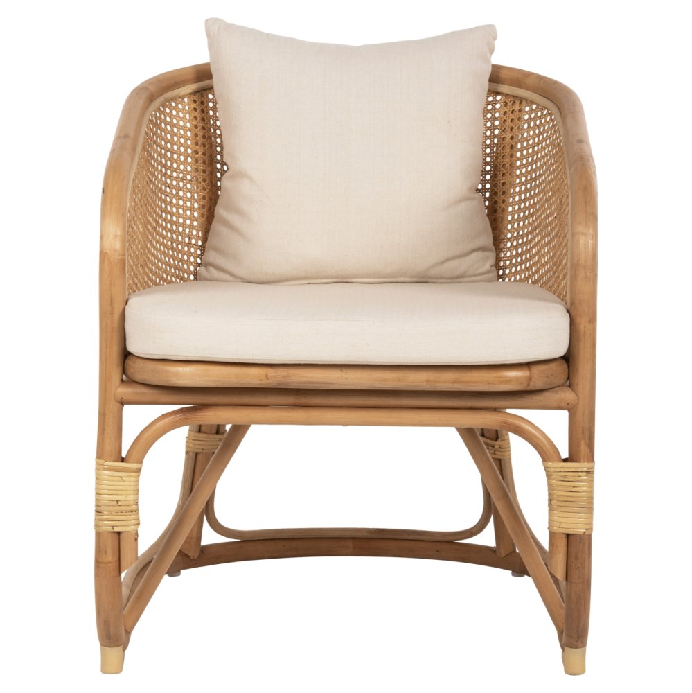 SESSEL NIKO RATTAN IN NATURPOLIERTER FARBE-WEIßE KISSEN 61x72x75-80Hcm