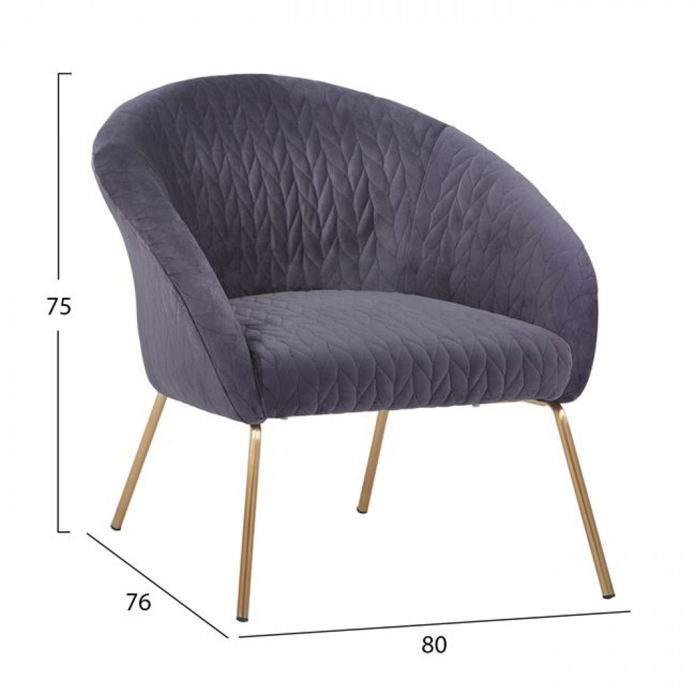 Joyce armchair in gray velvet with gold metal legs