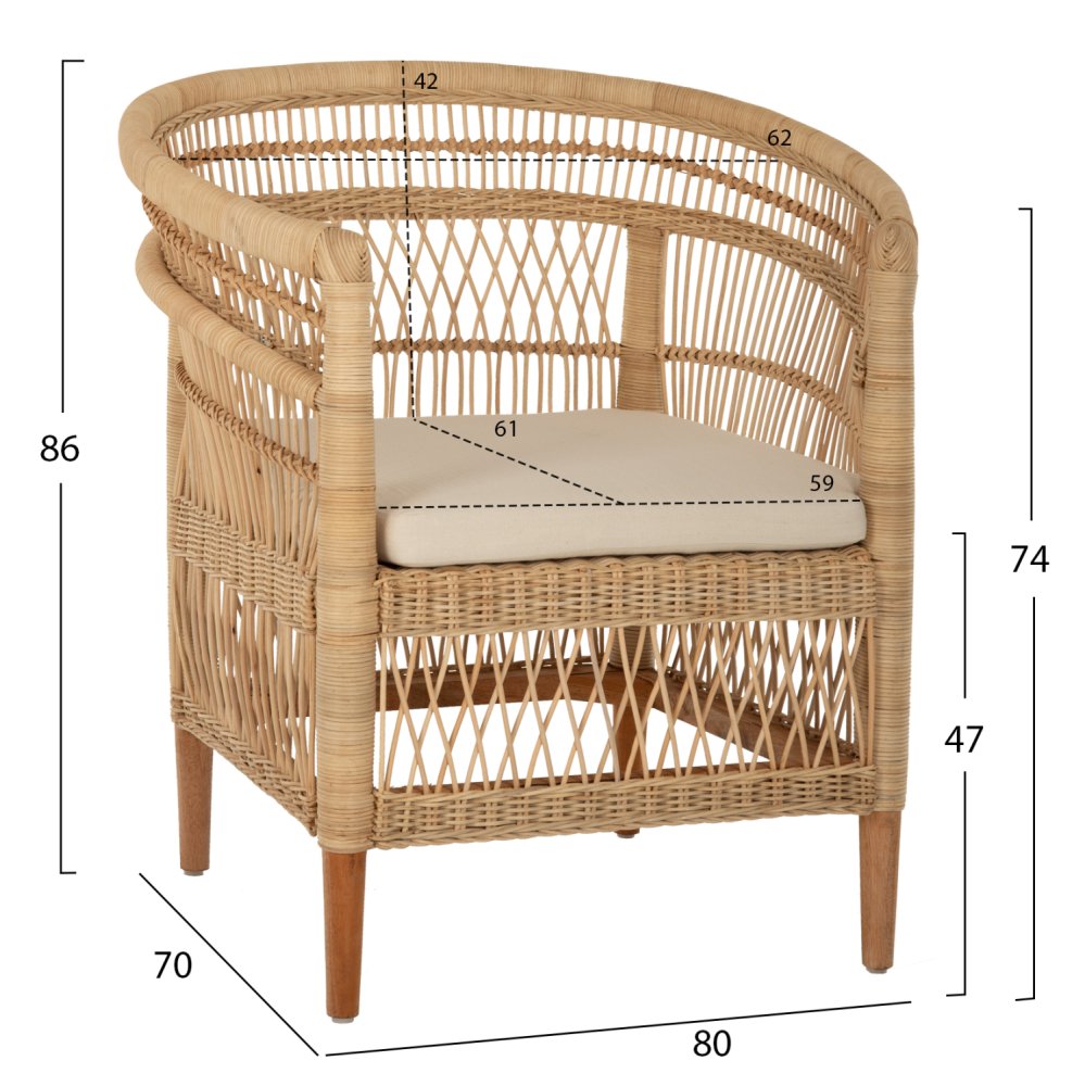 SESSEL MALAWI MAHAGONIHOLZ MIT RATTAN IN NATÜRLICH MIT WEIßEM KISSEN 80x70x86Hcm