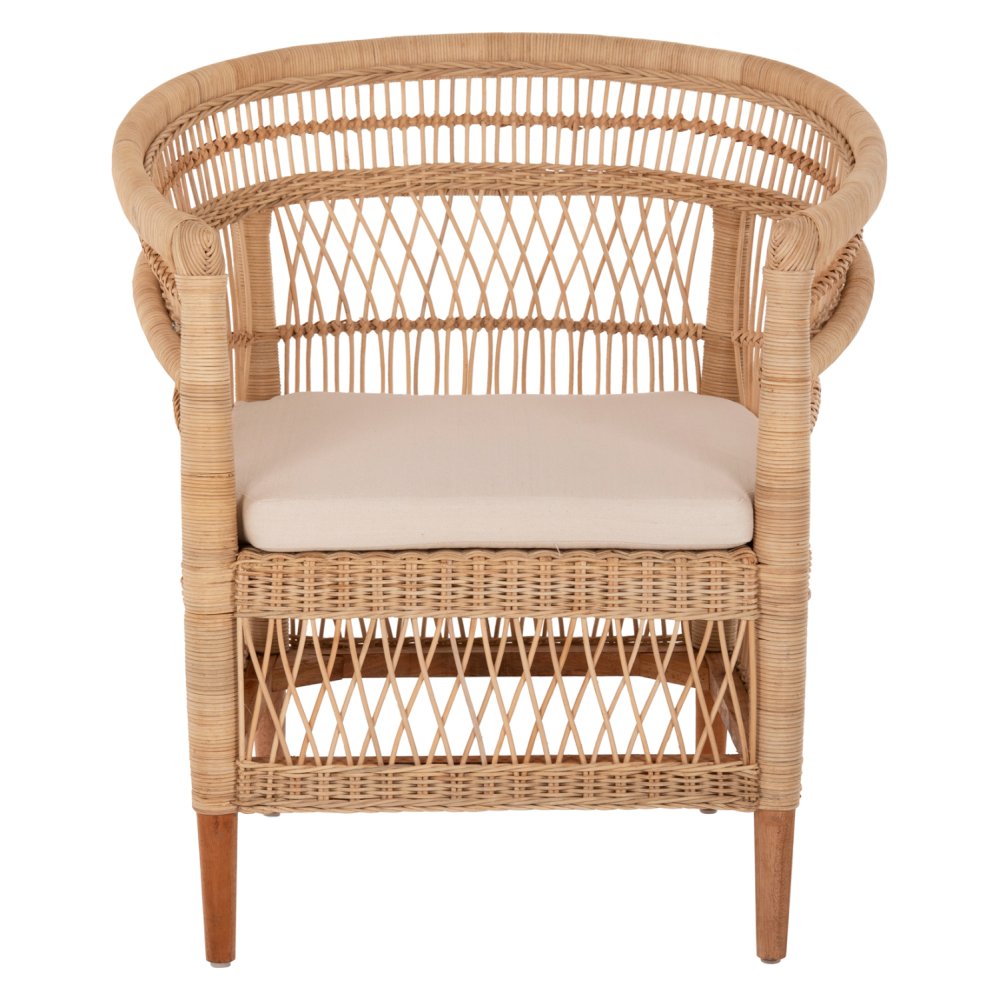 SESSEL MALAWI MAHAGONIHOLZ MIT RATTAN IN NATÜRLICH MIT WEIßEM KISSEN 80x70x86Hcm