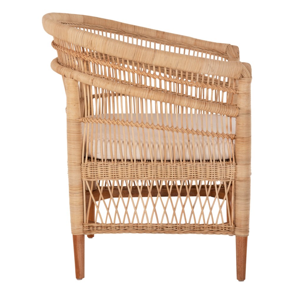SESSEL MALAWI MAHAGONIHOLZ MIT RATTAN IN NATÜRLICH MIT WEIßEM KISSEN 80x70x86Hcm