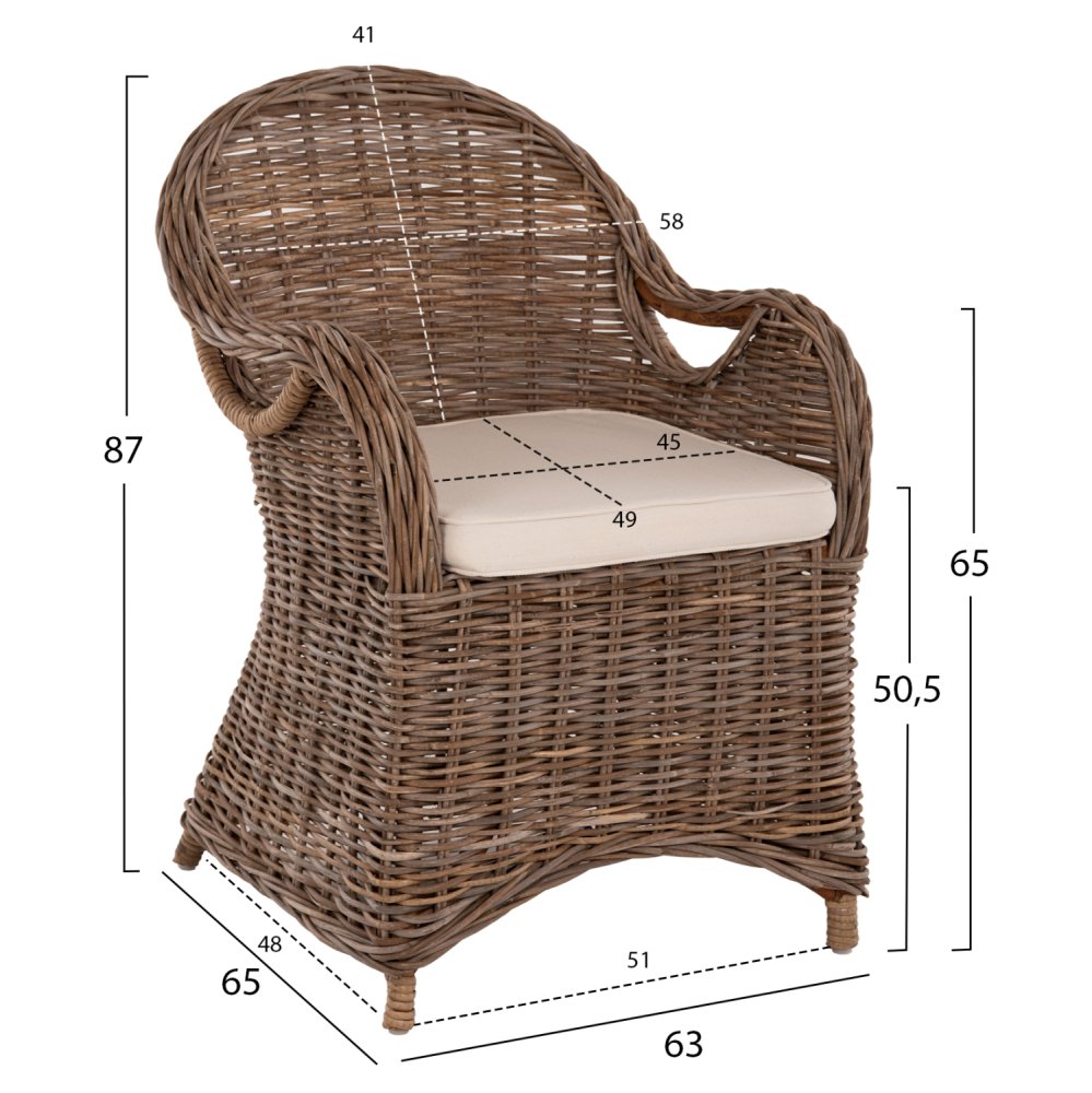 SESSEL KEYLA BRAUNES RATTAN-ECRU-KISSEN 63x65x87Hcm