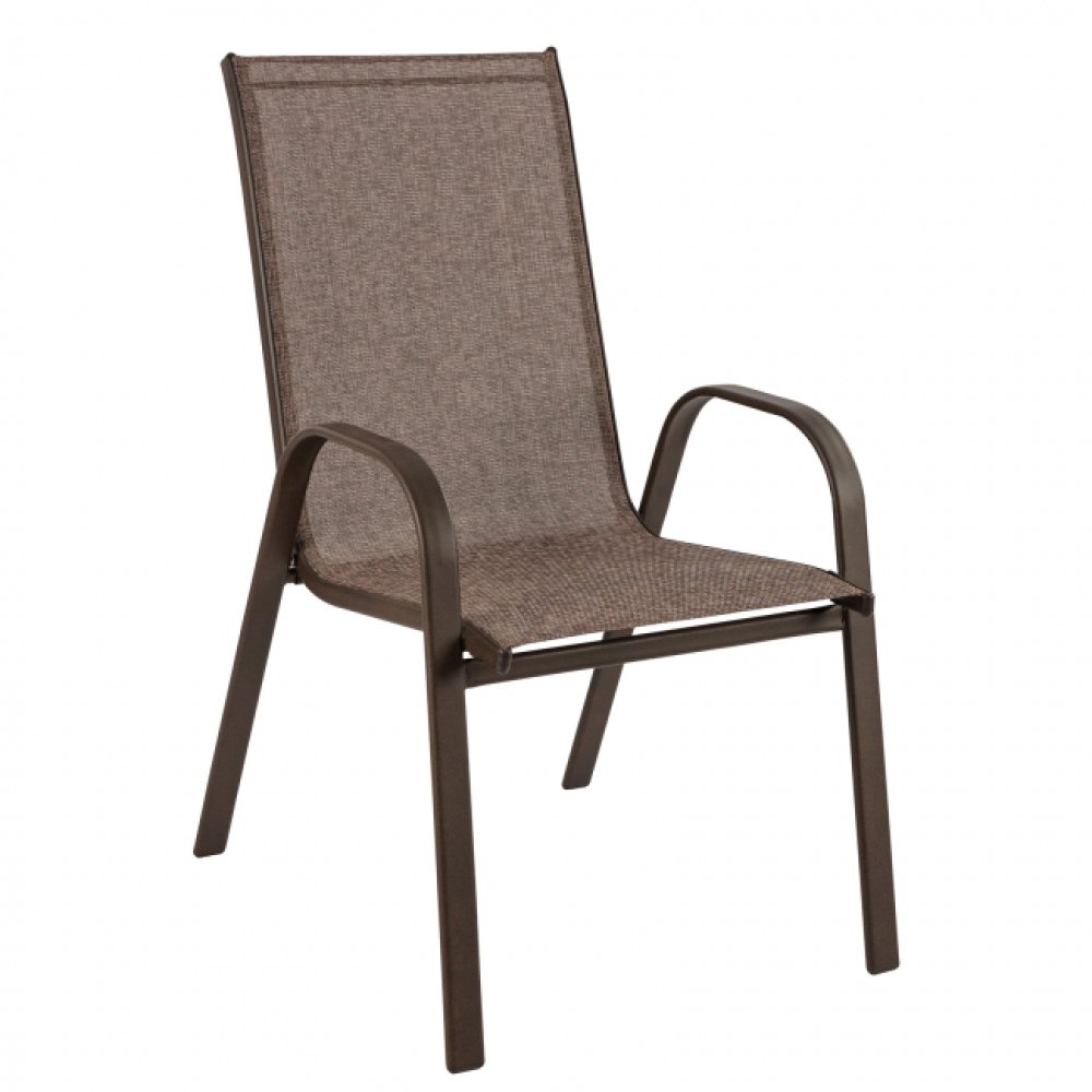 Outdoor armchair made of brown metal with brown textilene.