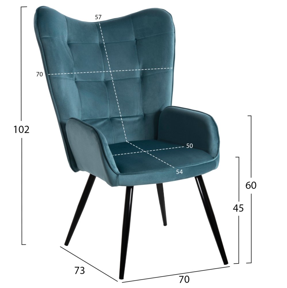 SESSEL BERGERE MIT FUSSHOCKER PETROLBLAUER SAMT 70x73x102Hcm