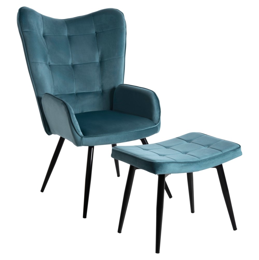 SESSEL BERGERE MIT FUSSHOCKER PETROLBLAUER SAMT 70x73x102Hcm