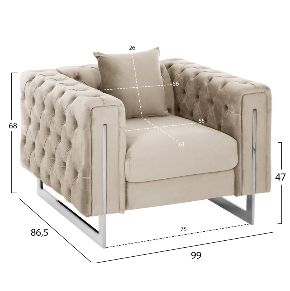 SESSEL t.CHESTERFIELD CREME SAMT CREME-METALLBEINE 99x86,5x77Hcm