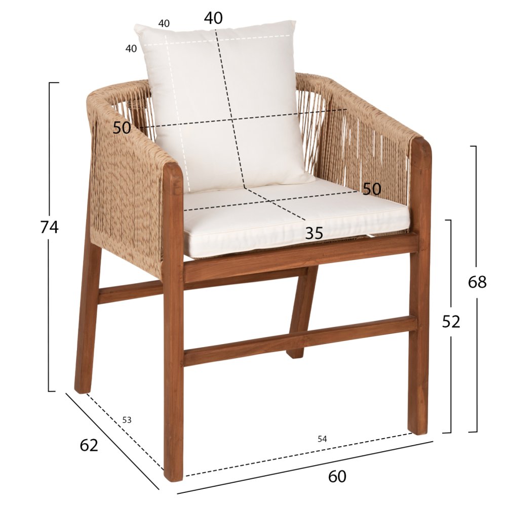 SESSEL TEAKHOLZ MIT SEIL UND KISSEN 60x62x74-88 cm