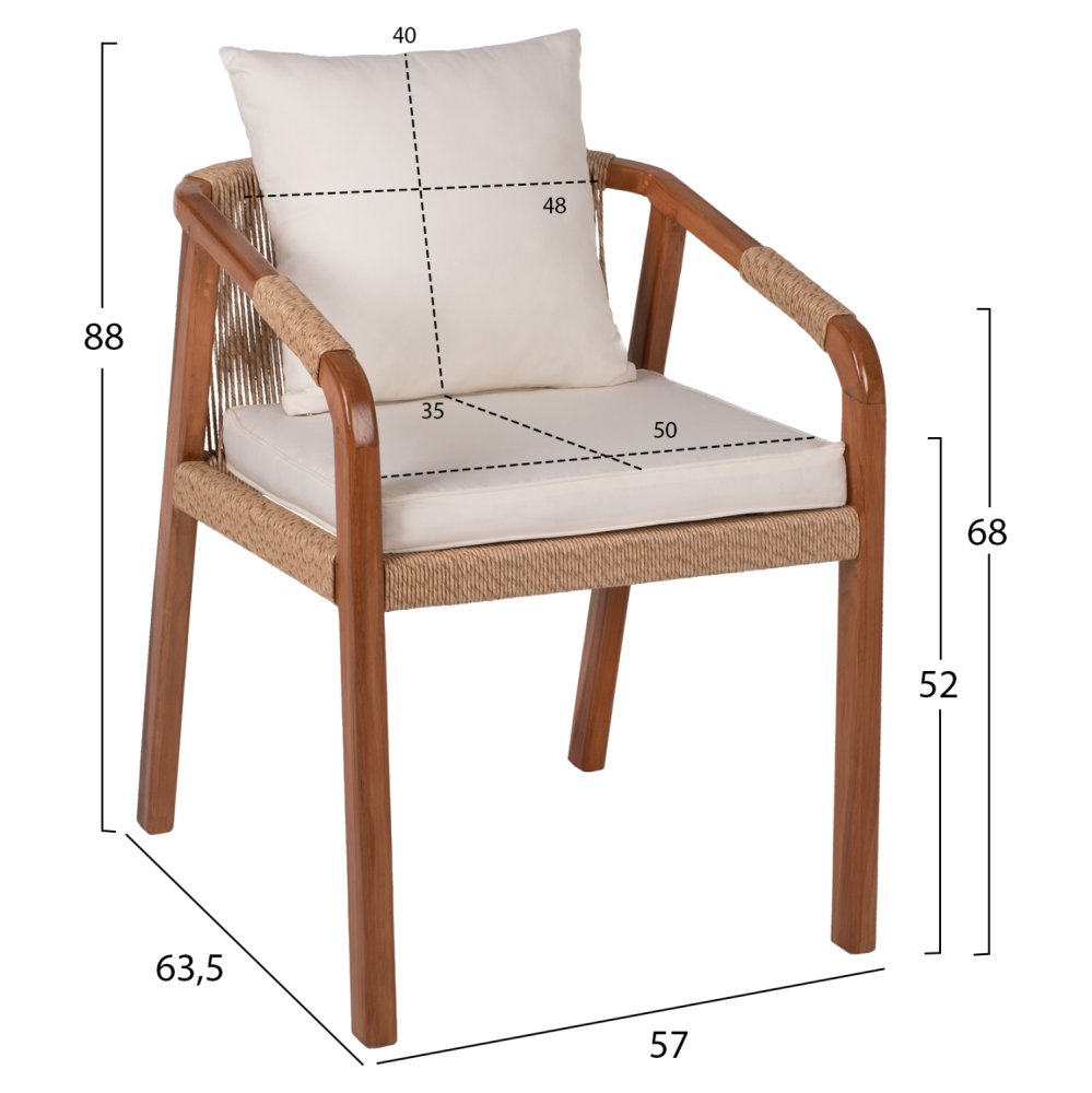 SESSEL TEAKHOLZ SEIL UND KISSEN 57x63,5x75-88H cm