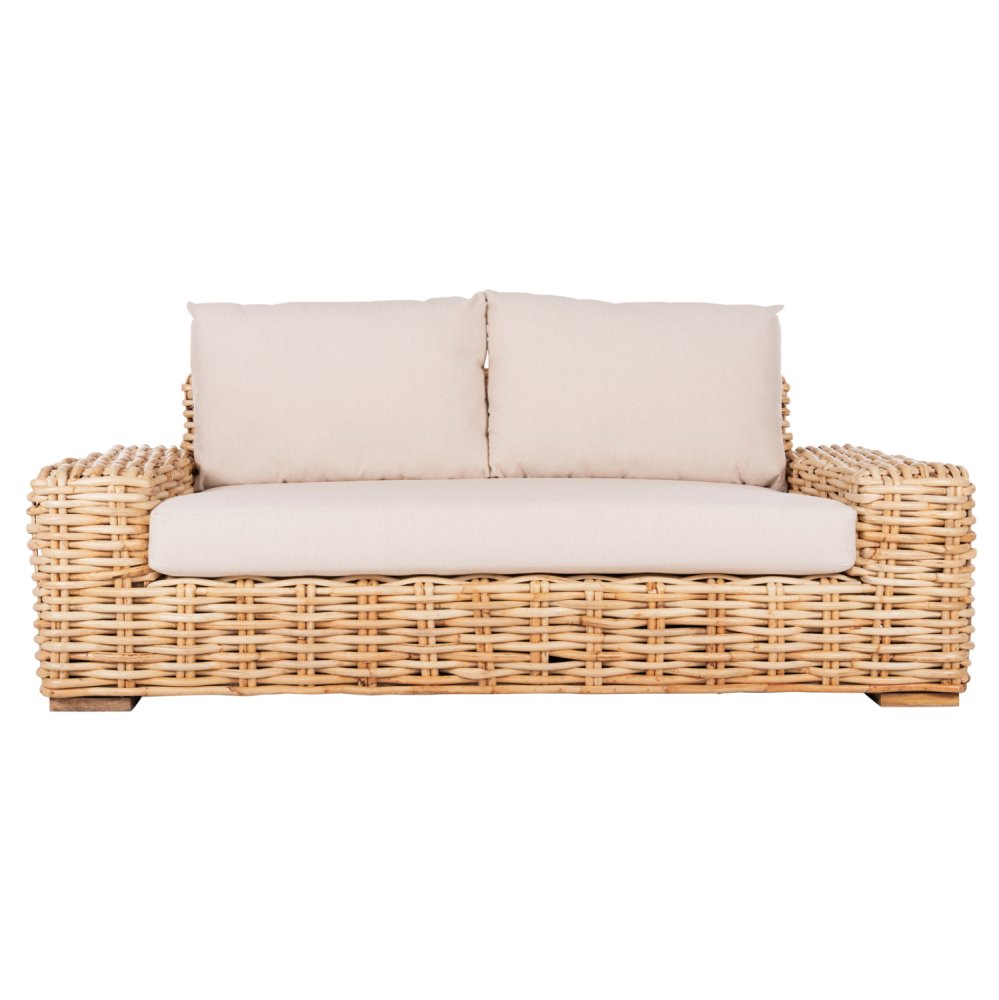 OUTDOOR-SOFA 2-SITZER MANGOHOLZ IN NATURFARBE-WEIßE KISSEN 192x88x70-85