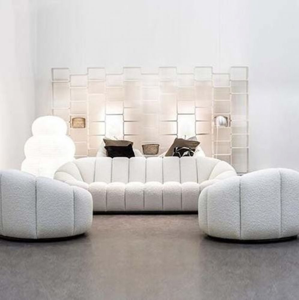 Sofa "Huxley" out of white Woven upholstery and metal gold frame