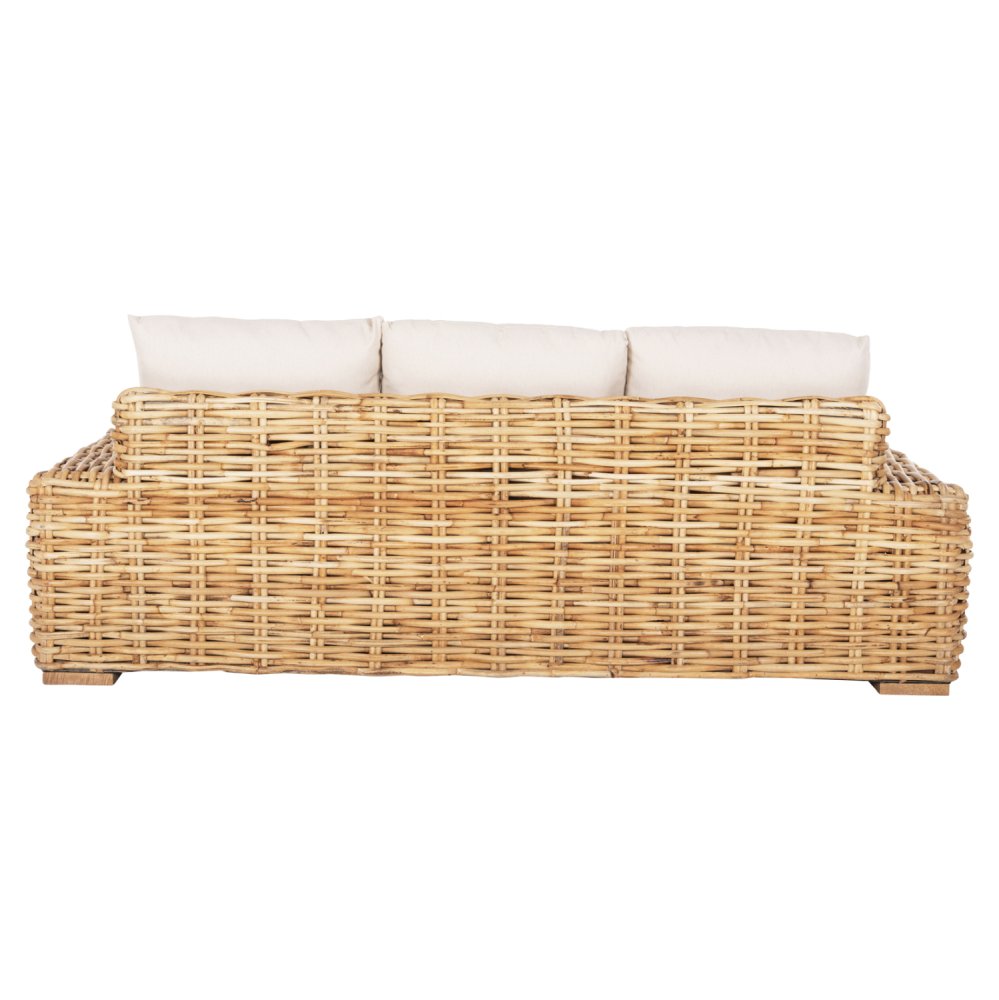 OUTDOOR-SOFA 3-SITZER MANGOHOLZ IN NATURFARBE-WEIßE KISSEN 216x88x70-85Hcm