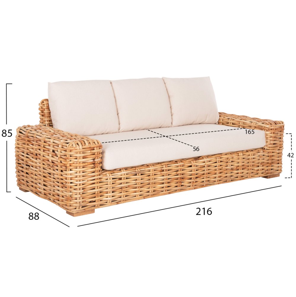 OUTDOOR-SOFA 3-SITZER MANGOHOLZ IN NATURFARBE-WEIßE KISSEN 216x88x70-85Hcm