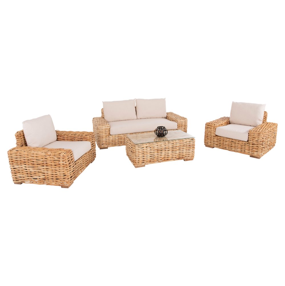 OUTDOOR-LOUNGE-SET 4-teilig MANGOHOLZ-SOFA-SITZER-2 SESSEL-COUCHTISCH