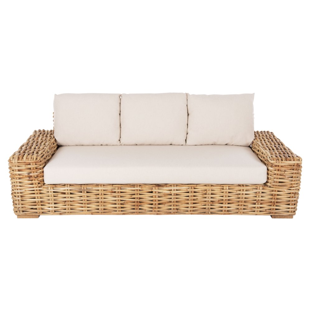 OUTDOOR-SOFA 3-SITZER MANGOHOLZ IN NATURFARBE-WEIßE KISSEN 216x88x70-85Hcm