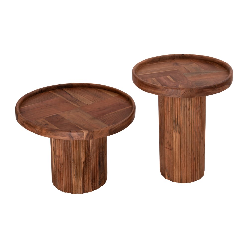 SET 2 STÜCK COUCHTISCHE RUND MASSIVES AKAZIENHOLZ IN NATÜRLICH Φ50 & Φ60 cm