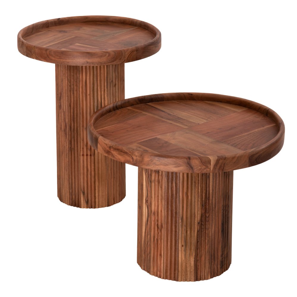 SET 2 STÜCK COUCHTISCHE RUND MASSIVES AKAZIENHOLZ IN NATÜRLICH Φ50 & Φ60 cm