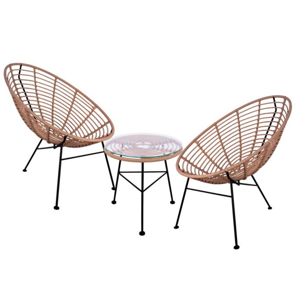 LOUNGE SET 3 TLG. KORBGEFLECHT SESSELN UND METALLTISCH