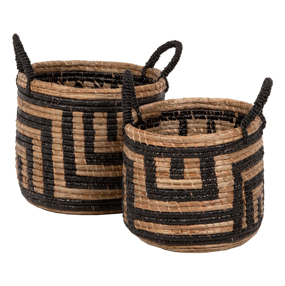 2-PIECE SET OF DECORATIVE BASKETS MENDONG GRASS IN NATURAL-BLACK COLOR Φ36x32-40Hcm