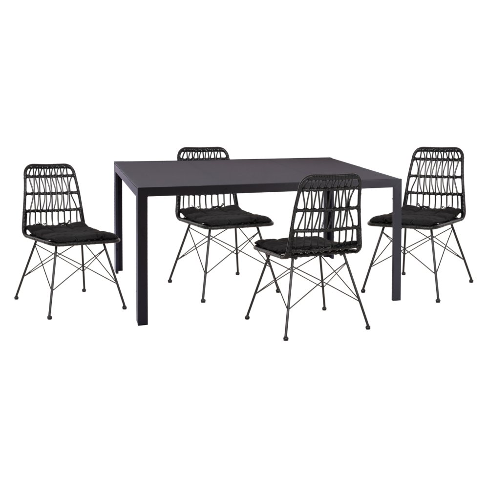 ESSZIMMERSET FÜR DEN GARTEN, 5-TEILIG, DUNKELGRAU, METALL-SCHWARZ, KORB & METALL