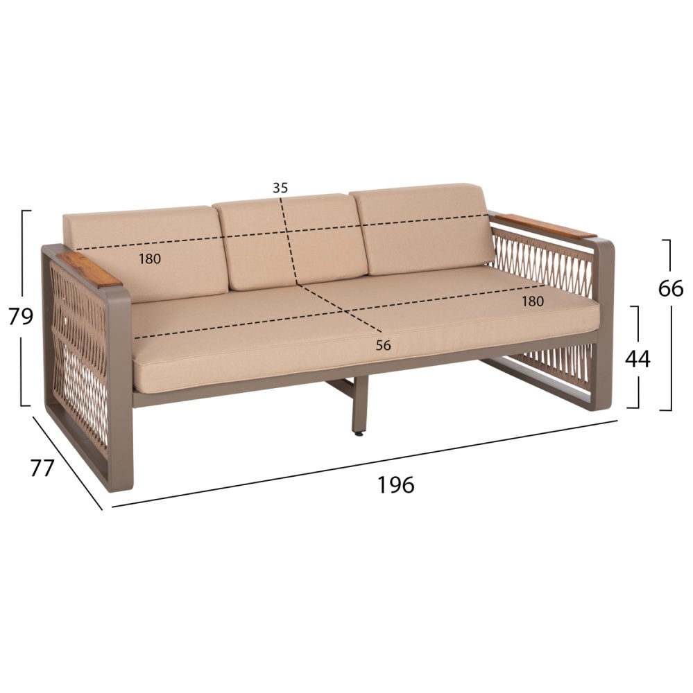 OUTDOOR-SET 4-TLG. MIT SEIL, ALUMINIUM-IROKO- UND CAPPUCCINO FARBENDEM KISSEN