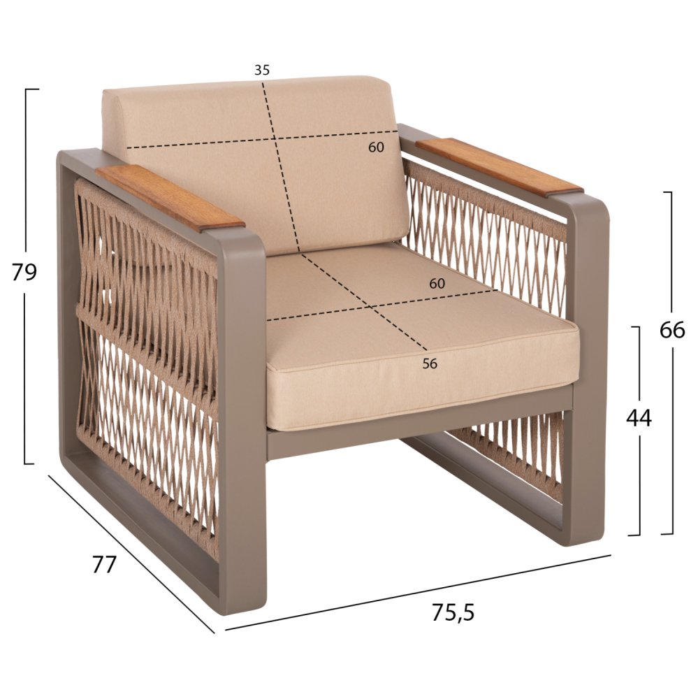 OUTDOOR-SET 4-TLG. MIT SEIL, ALUMINIUM-IROKO- UND CAPPUCCINO FARBENDEM KISSEN