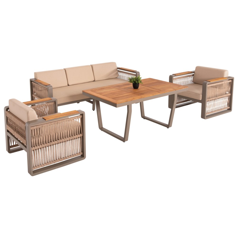 OUTDOOR-SET 4-TLG. MIT SEIL, ALUMINIUM-IROKO- UND CAPPUCCINO FARBENDEM KISSEN
