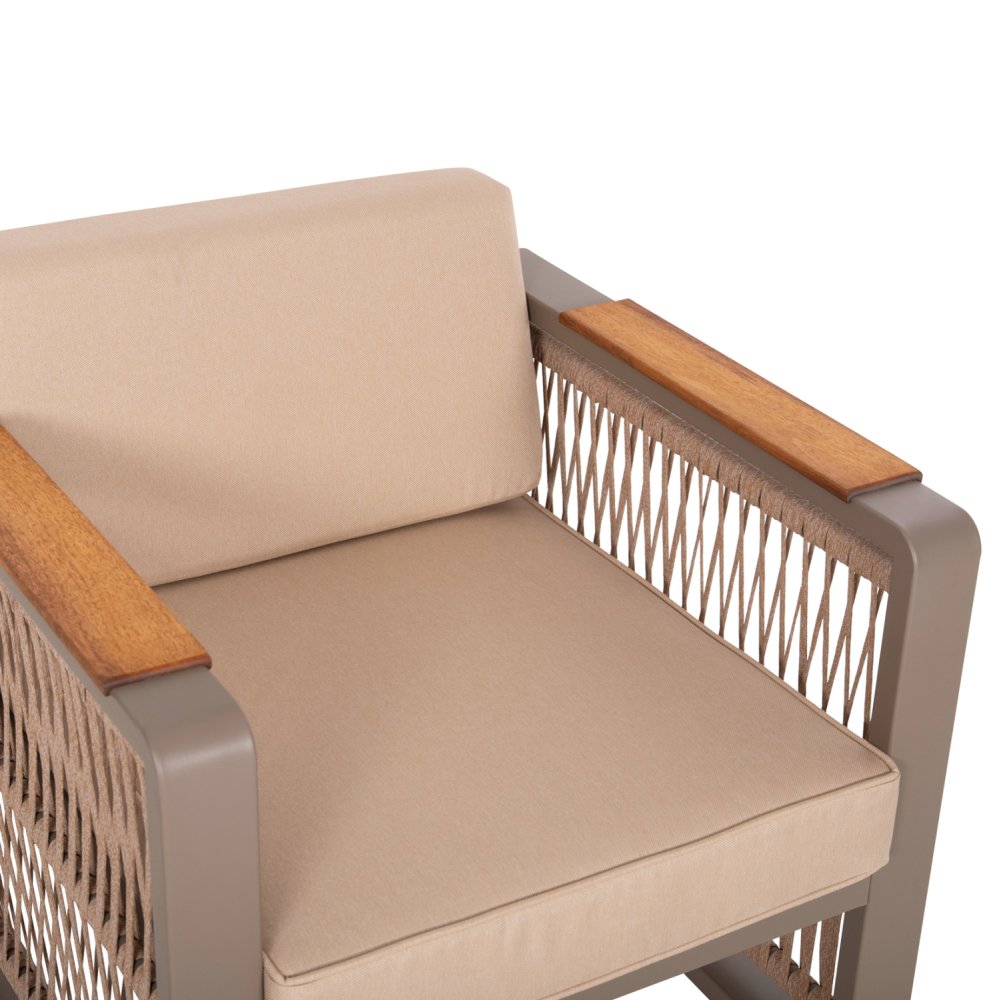 OUTDOOR-SET 4-TLG. MIT SEIL, ALUMINIUM-IROKO- UND CAPPUCCINO FARBENDEM KISSEN