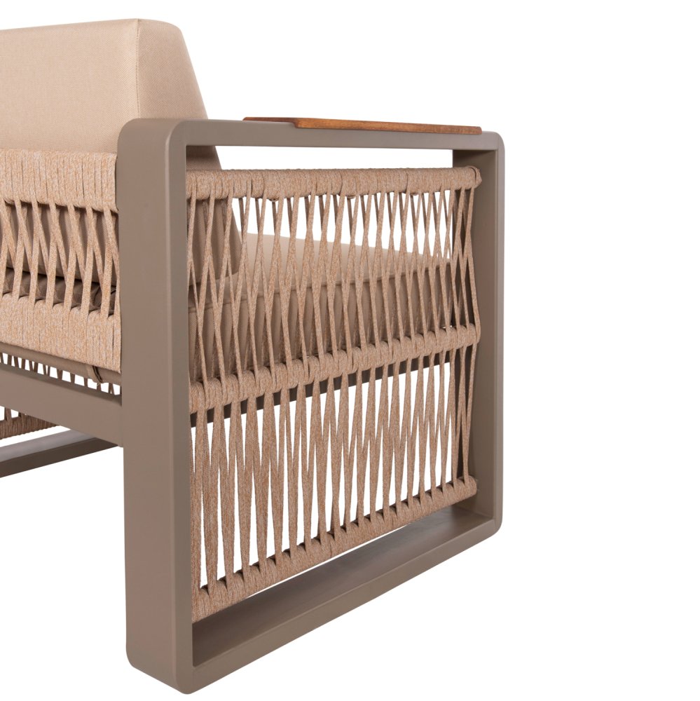 OUTDOOR-SET 4-TLG. MIT SEIL, ALUMINIUM-IROKO- UND CAPPUCCINO FARBENDEM KISSEN