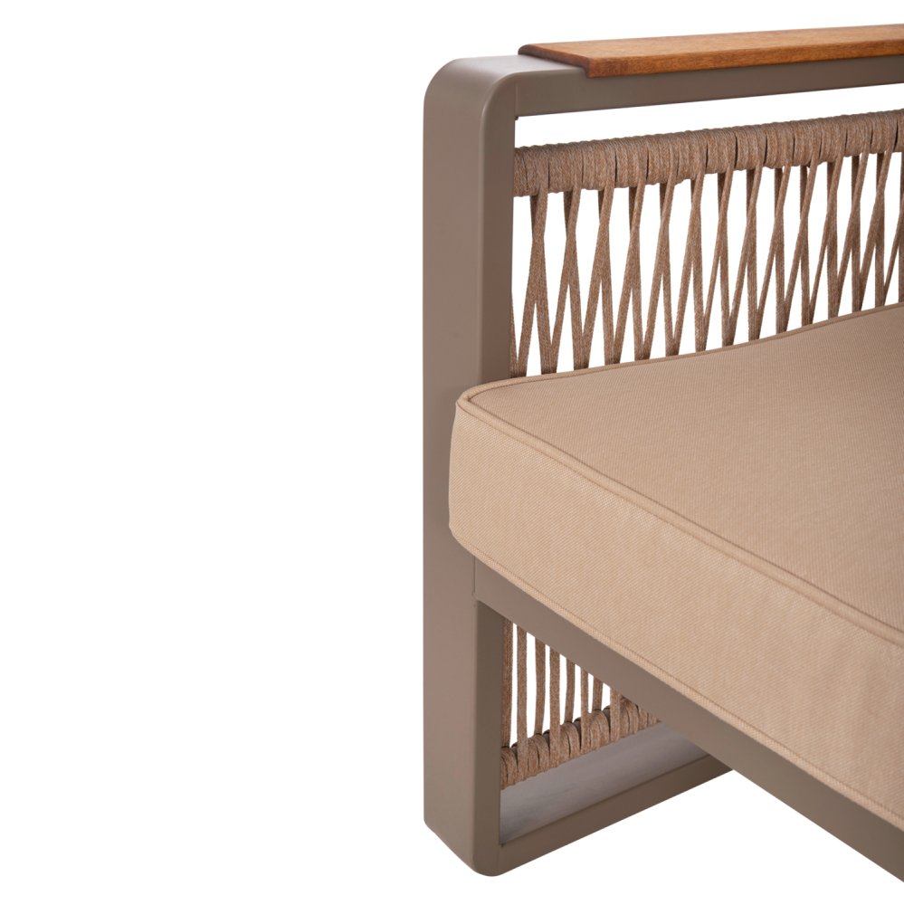 OUTDOOR-SET 4-TLG. MIT SEIL, ALUMINIUM-IROKO- UND CAPPUCCINO FARBENDEM KISSEN