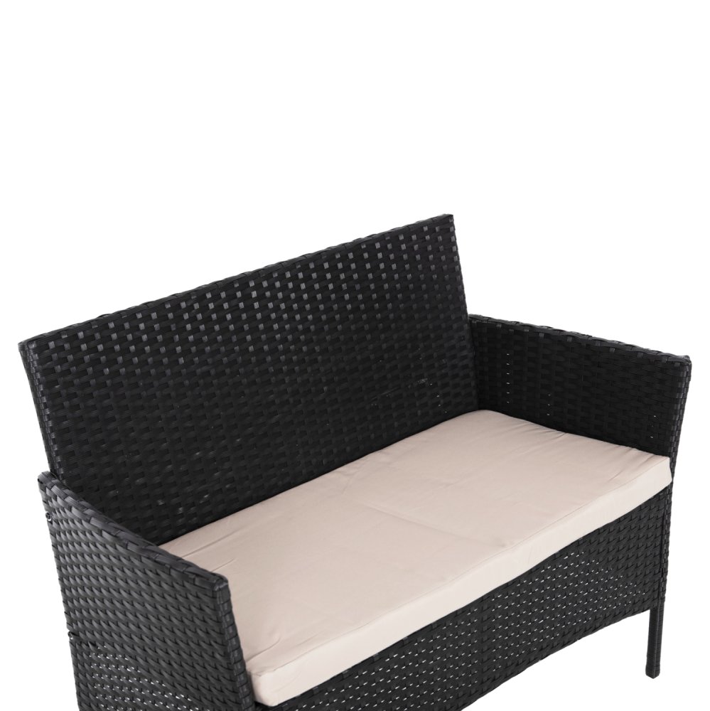 OUTDOOR-LOUNGE-SET 4-TLG. SYNTHETISCHES RATTAN IN SCHWARZ – KISSEN IN CAPPUCCINO