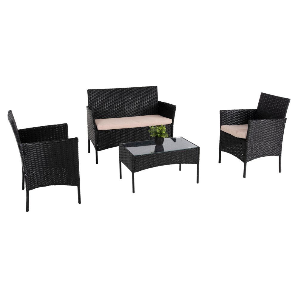 OUTDOOR-LOUNGE-SET 4-TLG. SYNTHETISCHES RATTAN IN SCHWARZ – KISSEN IN CAPPUCCINO
