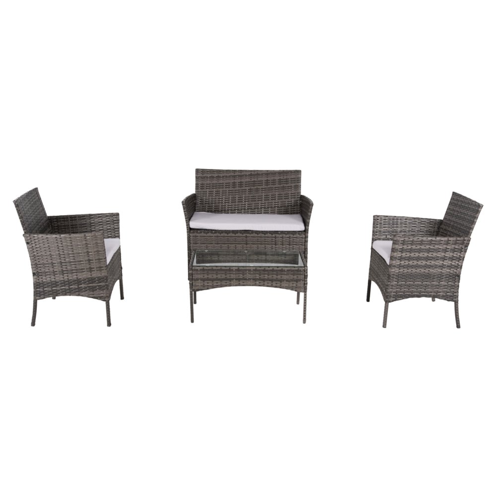 OUTDOOR-LOUNGE-SET 4-TLG. SYNTHETISCHES RATTAN IN GRAU – KISSEN IN BEIGE