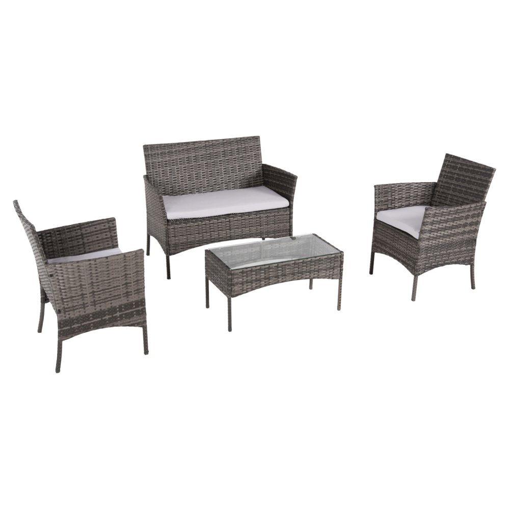 OUTDOOR-LOUNGE-SET 4-TLG. SYNTHETISCHES RATTAN IN GRAU – KISSEN IN BEIGE