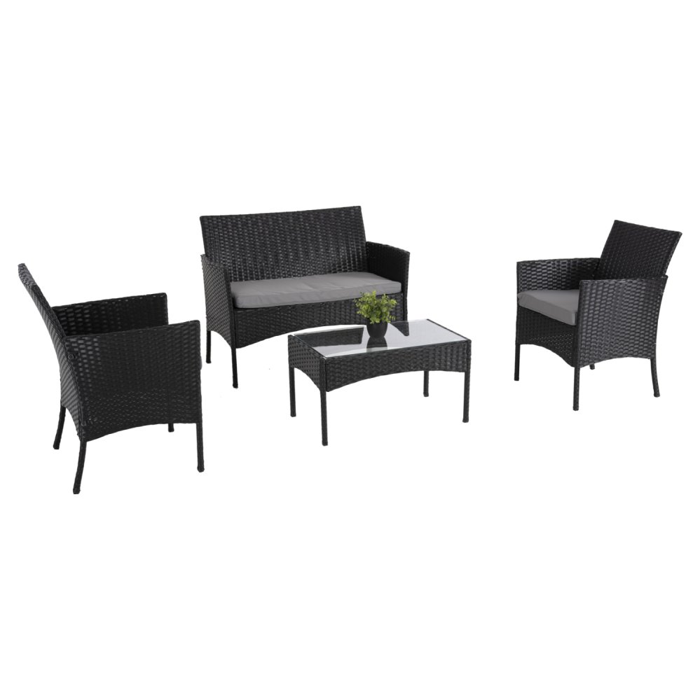 OUTDOOR-LOUNGE-SET 4-TLG. SYNTHETISCHES RATTAN IN SCHWARZ – KISSEN IN GRAU