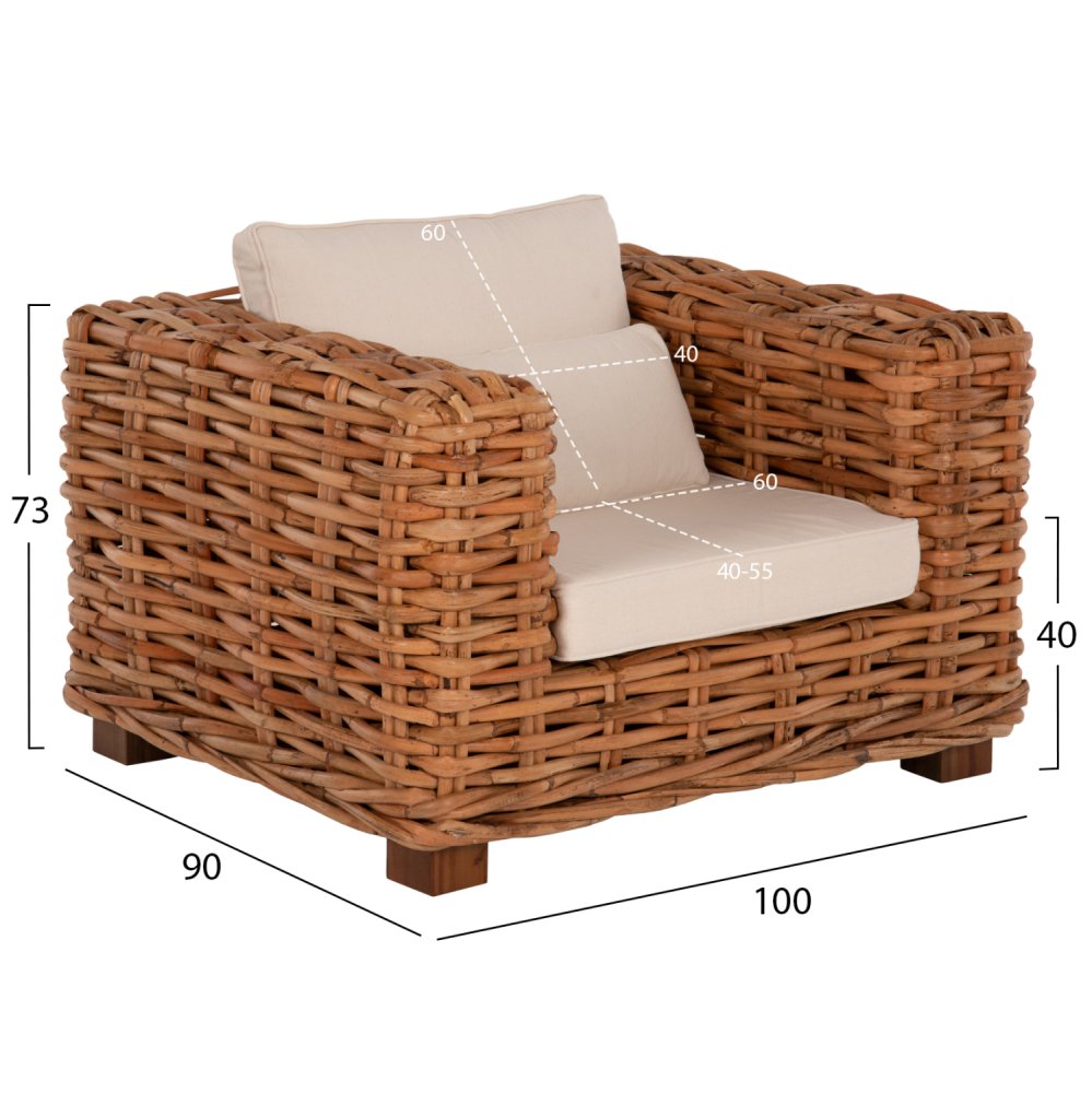 OUTDOOR-LOUNGE-SET 4-TLG. TROPEL NATURRATTAN-MAHAGONI-HOLZ-WEIßE KISSEN