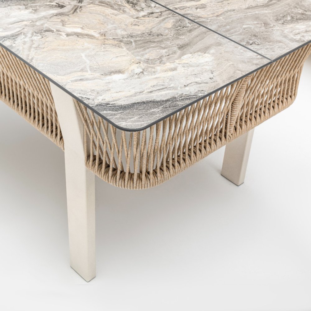 OUTDOOR-LOUNGE-SET 4-teilig BEIGES ALUMINIUM-CAPPUCCINO-SEIL & KISSEN
