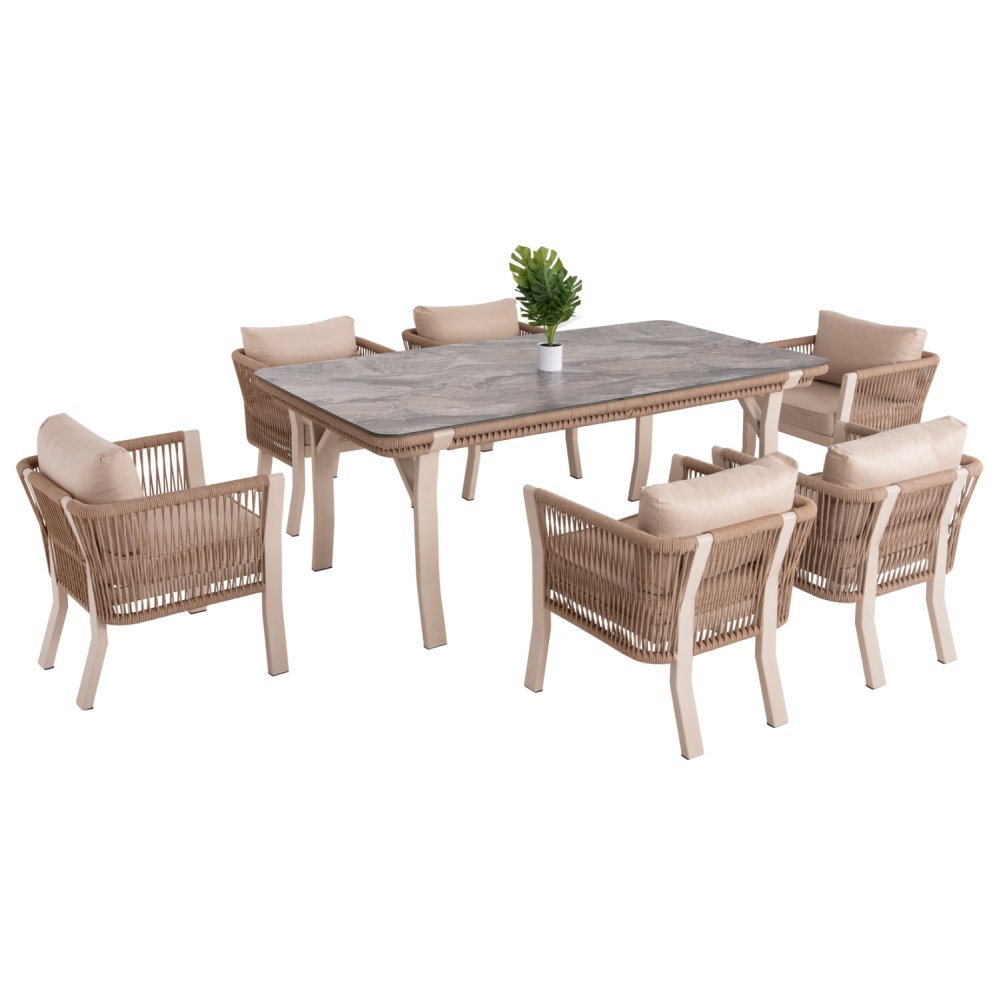 OUTDOOR-ESSZIMMER-SET 7-TEILIG ALUMINIUM IN BEIGE-HPL-GRAUEM MARMOR-CAPUCCINO-KISSEN UND SEIL
