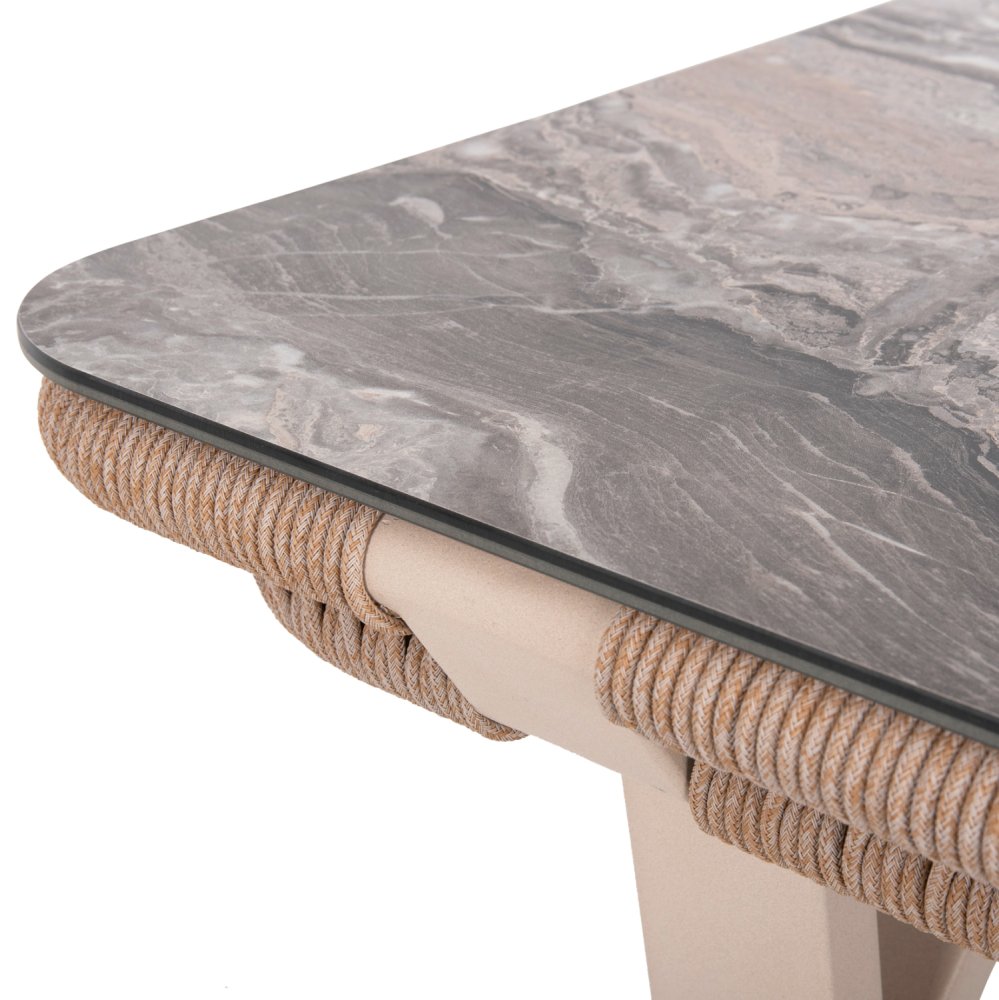 OUTDOOR-ESSZIMMER-SET 7-TEILIG ALUMINIUM IN BEIGE-HPL-GRAUEM MARMOR-CAPUCCINO-KISSEN UND SEIL