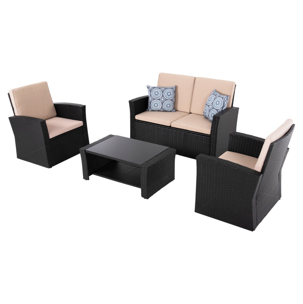 OUTDOOR LOUNGE 4-TEILIGES SET SYNTHETISCHES RATTAN IN ANTHRAZIT-BEIGE KISSEN