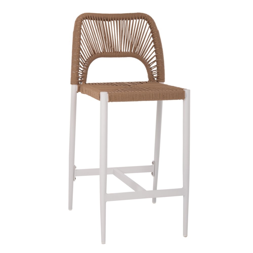 MITTELHOHER HOCKER AUS WEIßEM ALUMINIUM MIT SYNTHETISCHEM RATTAN IN BEIGE 46x58x95cm